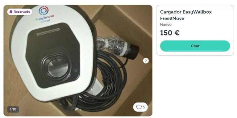 Anuncio de un easyWallbox de Free2Move a la venta por 150 euros en un portal de segunda mano
