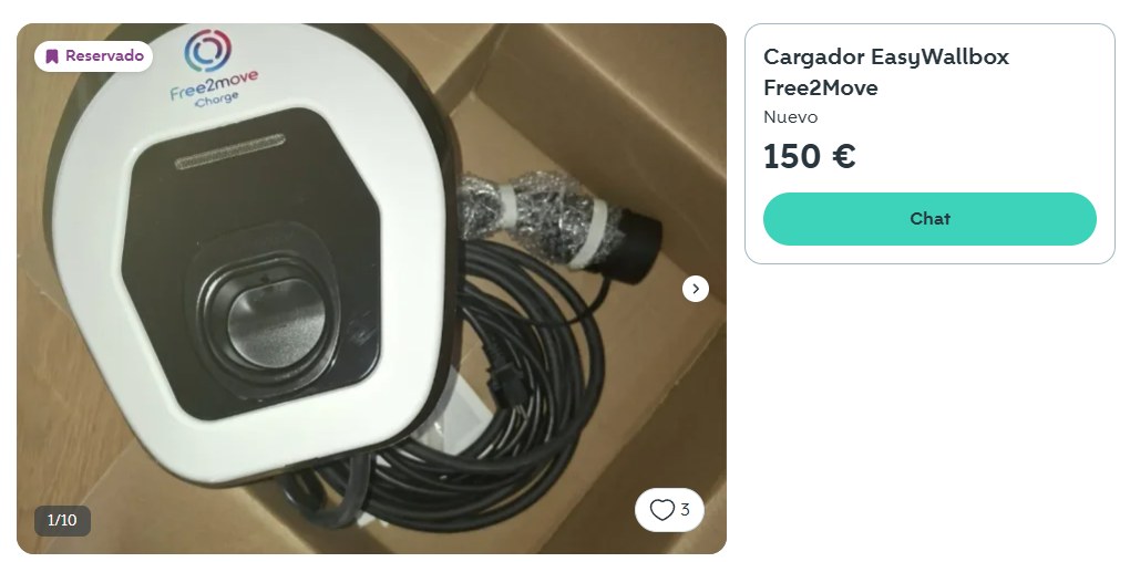Anuncio de un easyWallbox de Free2Move a la venta por 150 euros en un portal de segunda mano