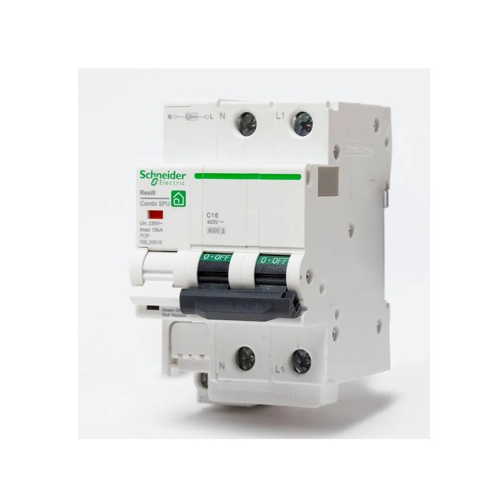 Módulo IGA + protección de sobretensiones Schneider Resi9 Combi SPU 1P+N 40 A 1 Módulo Schneider Resi9 Combi SPU, interruptor general automático con protección contra sobretensiones permanentes y transitorias